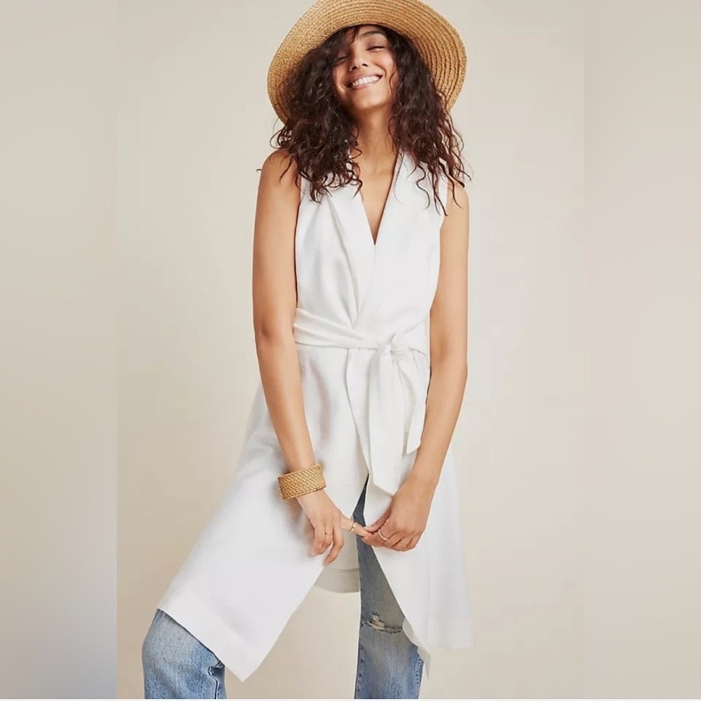 Anthropologie Draped Longline Vest White Sleeveless Open Front Belted